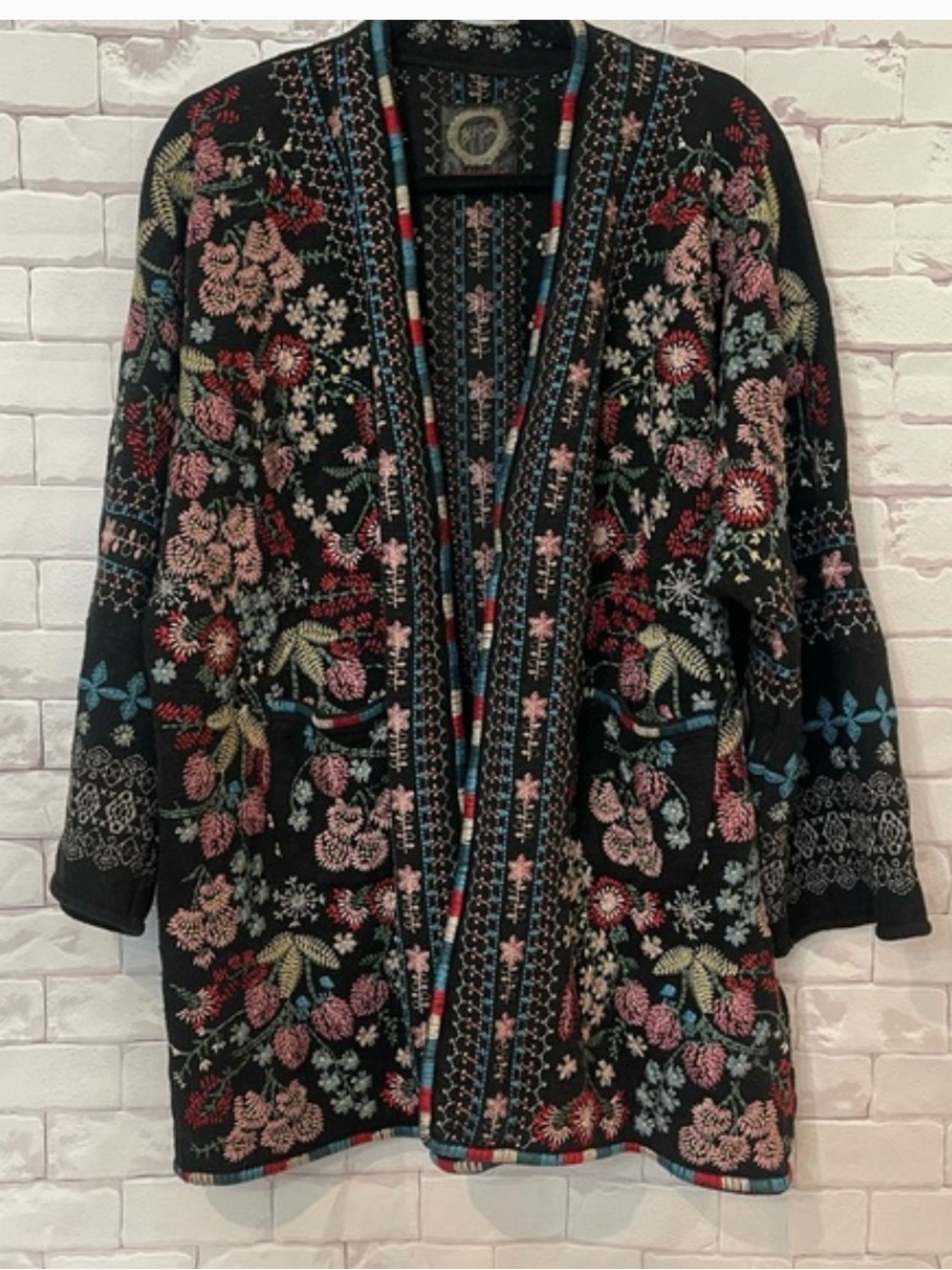 Johnny Was Embroidered Floral Open Cardigan Sweater